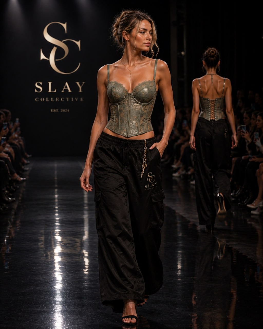 Lace corset and cargo trousers styled in a Slay Collective runway concept